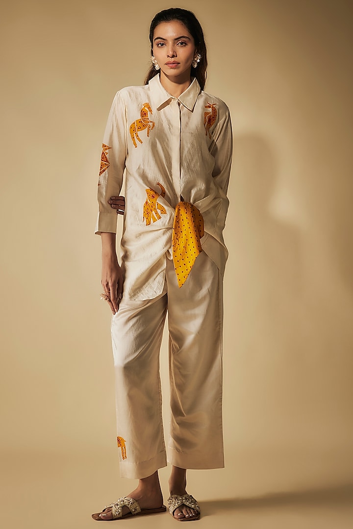 Ivory Premium Silk Chanderi & Cotton Satin Thread Embroidered Co-Ord Set by Phirny at Pernia's Pop Up Shop