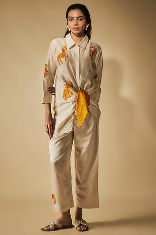 Ivory Premium Silk Chanderi & Cotton Satin Thread Embroidered Co-Ord Set by Phirny