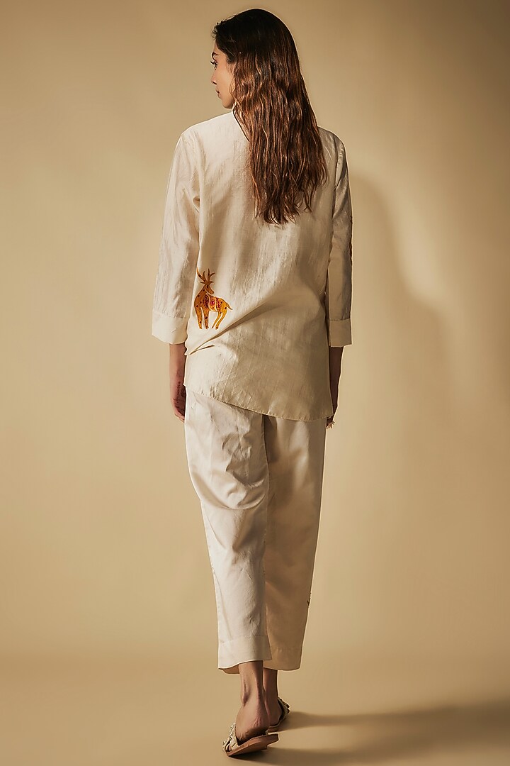 Ivory Premium Silk Chanderi & Cotton Satin Thread Embroidered Co-Ord Set by Phirny at Pernia's Pop Up Shop