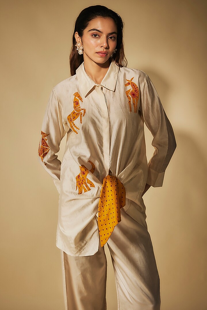 Ivory Premium Silk Chanderi & Cotton Satin Thread Embroidered Co-Ord Set by Phirny at Pernia's Pop Up Shop