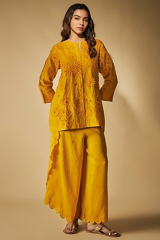 Mustard Premium Silk Chanderi & Bemberg Silk Machine Embroidered Co-Ord Set by Phirny