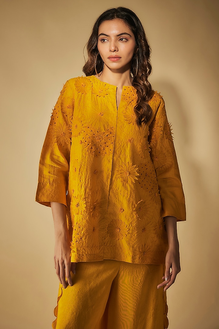 Mustard Premium Silk Chanderi & Bemberg Silk Machine Embroidered Co-Ord Set by Phirny at Pernia's Pop Up Shop