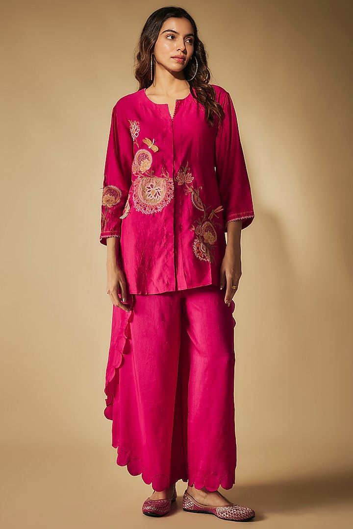 Pink Premium Silk Chanderi & Bemberg Silk Machine Embroidered Co-Ord Set by Phirny at Pernia's Pop Up Shop