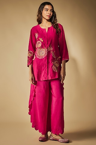 Pink Premium Silk Chanderi & Bemberg Silk Machine Embroidered Co-Ord Set by Phirny