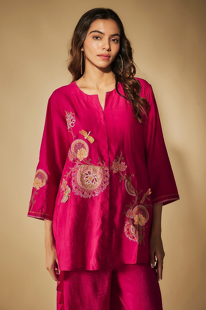 Pink Premium Silk Chanderi & Bemberg Silk Machine Embroidered Co-Ord Set by Phirny at Pernia's Pop Up Shop