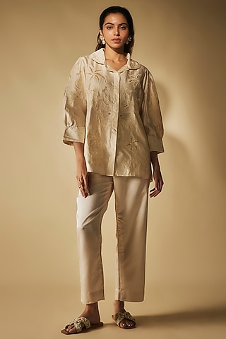 Ivory Premium Silk Chanderi & Cotton Satin Machine Embroidered Co-Ord Set by Phirny