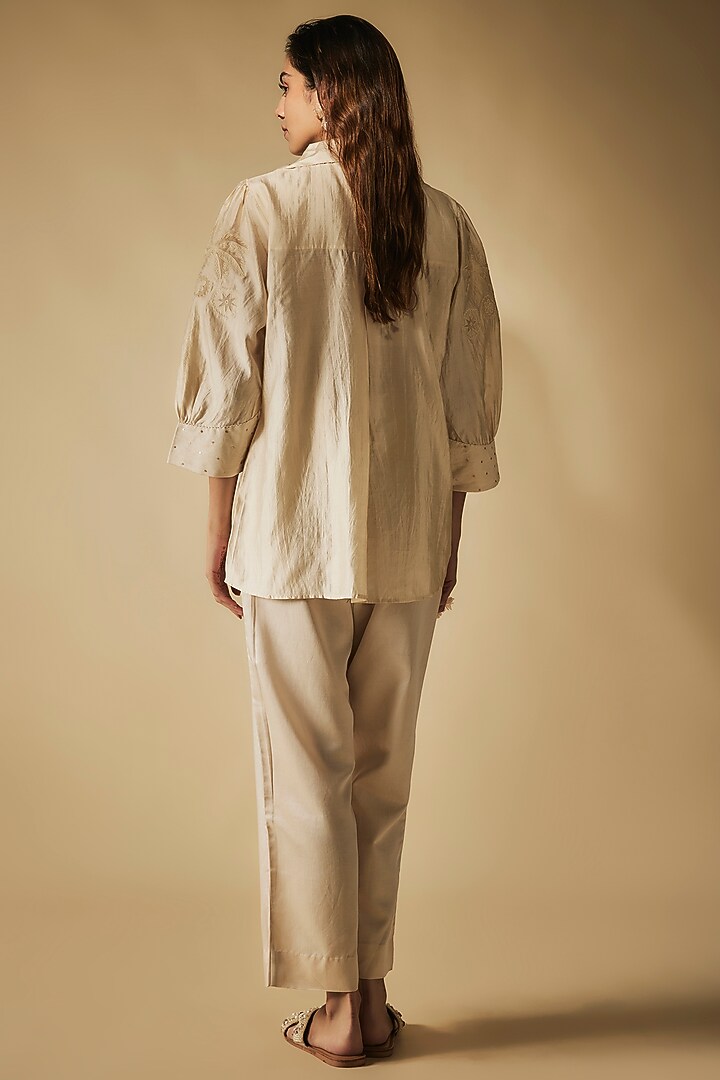 Ivory Premium Silk Chanderi & Cotton Satin Machine Embroidered Co-Ord Set by Phirny at Pernia's Pop Up Shop
