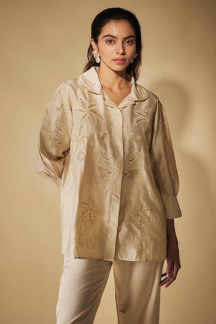 Ivory Premium Silk Chanderi & Cotton Satin Machine Embroidered Co-Ord Set by Phirny at Pernia's Pop Up Shop