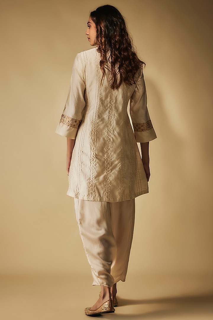 Ivory Premium Silk Chanderi Hand Embroidered Short Kurta Set by Phirny at Pernia's Pop Up Shop
