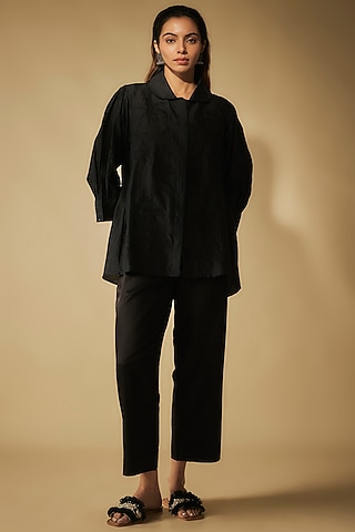 Black Premium Cotton Satin & Bandhej Applique Embroidered Co-Ord Set by Phirny