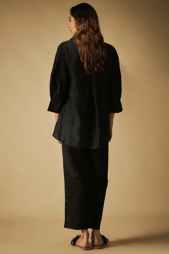 Black Premium Cotton Satin & Bandhej Applique Embroidered Co-Ord Set by Phirny at Pernia's Pop Up Shop