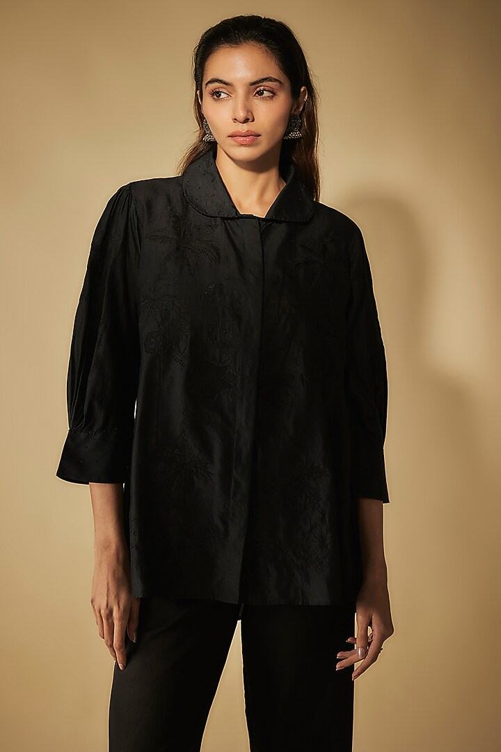 Black Premium Cotton Satin & Bandhej Applique Embroidered Co-Ord Set by Phirny at Pernia's Pop Up Shop