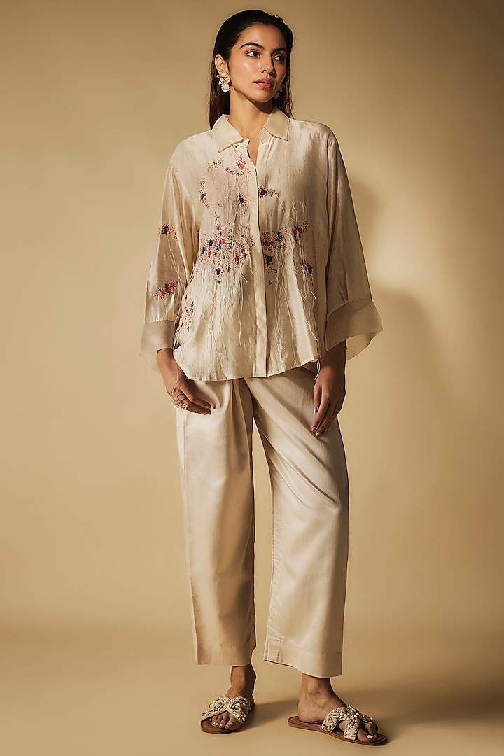 Ivory Cotton Satin Thread Embroidered Co-Ord Set by Phirny at Pernia's Pop Up Shop