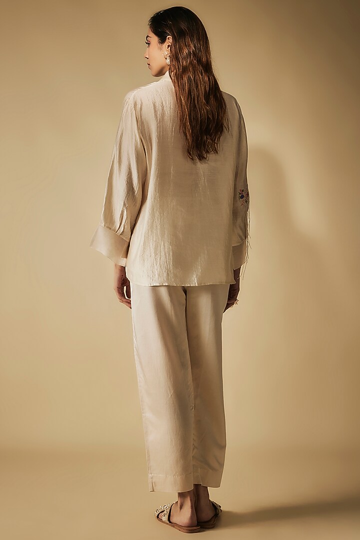 Ivory Cotton Satin Thread Embroidered Co-Ord Set by Phirny at Pernia's Pop Up Shop