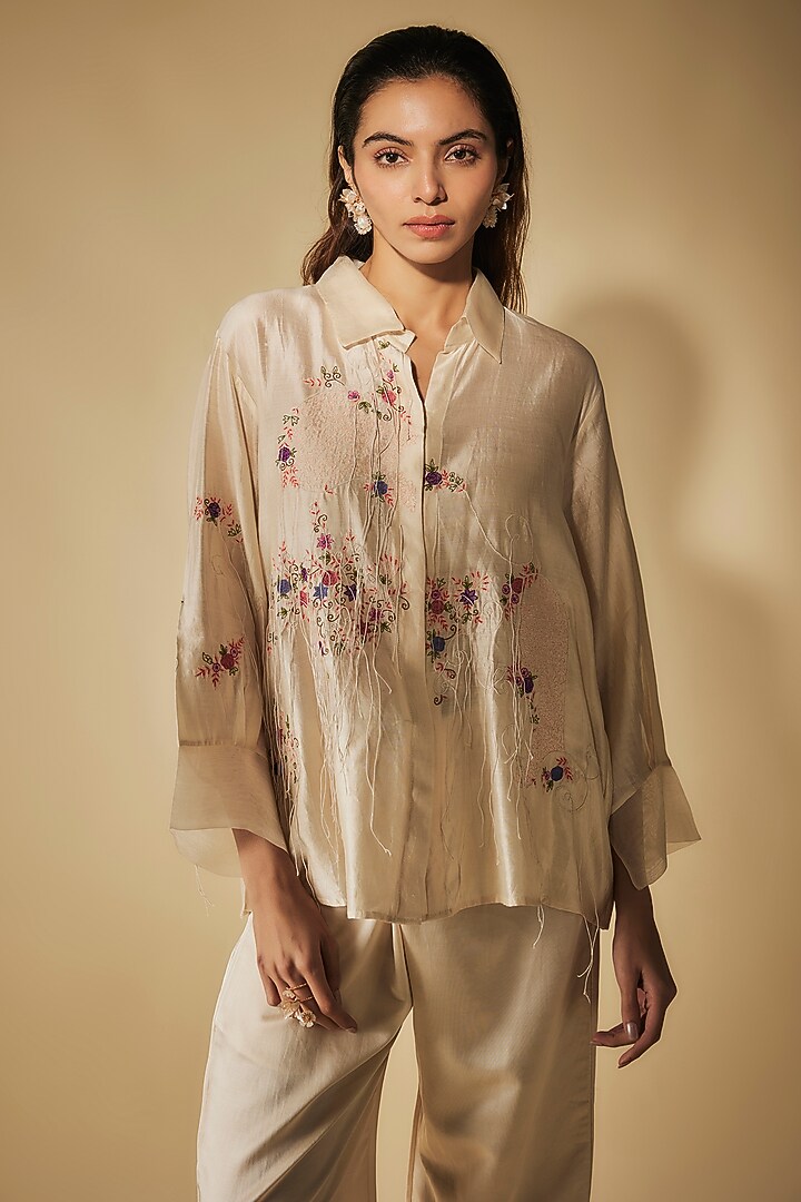 Ivory Cotton Satin Thread Embroidered Co-Ord Set by Phirny at Pernia's Pop Up Shop