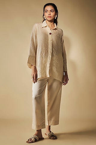 Ivory Cotton Satin Patchwork Embroidered Co-Ord Set by Phirny