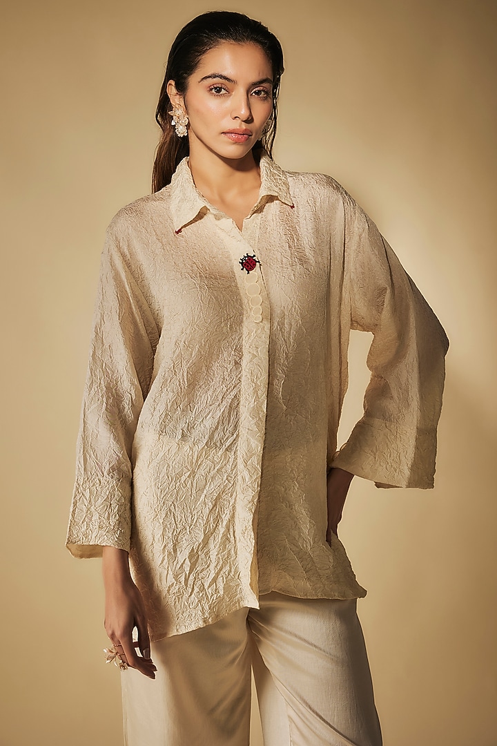 Ivory Cotton Satin Patchwork Embroidered Co-Ord Set by Phirny at Pernia's Pop Up Shop