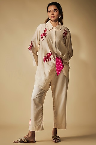 Ivory Cotton Satin Patch Work Co-Ord Set by Phirny