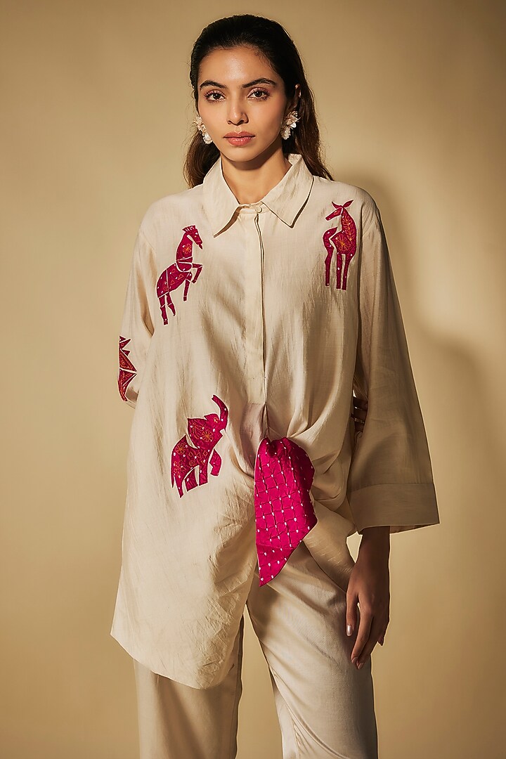 Ivory Cotton Satin Patch Work Co-Ord Set by Phirny at Pernia's Pop Up Shop