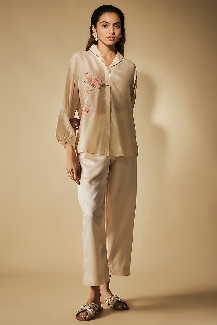 Ivory Cotton Satin Thread Embroidered Co-Ord Set by Phirny at Pernia's Pop Up Shop