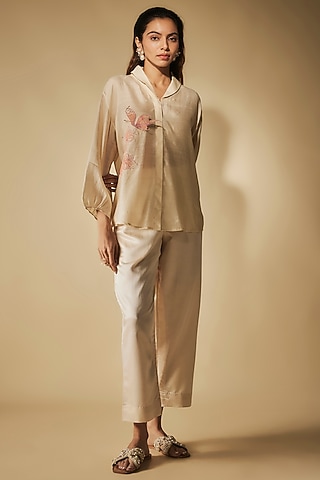 Ivory Cotton Satin Thread Embroidered Co-Ord Set by Phirny