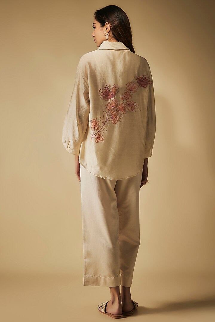 Ivory Cotton Satin Thread Embroidered Co-Ord Set by Phirny at Pernia's Pop Up Shop