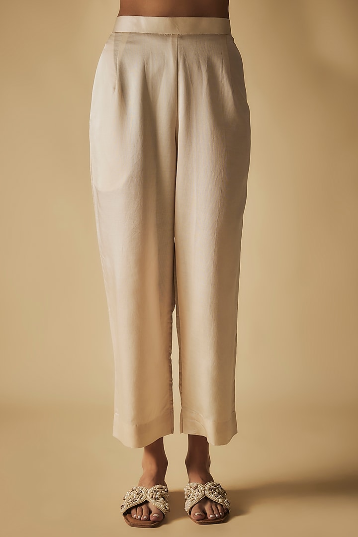 Ivory Cotton Satin Thread Embroidered Co-Ord Set by Phirny at Pernia's Pop Up Shop