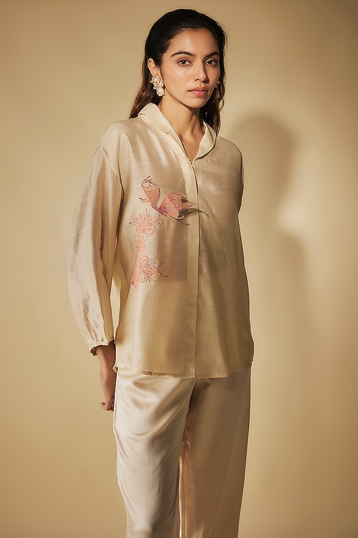 Ivory Cotton Satin Thread Embroidered Co-Ord Set by Phirny at Pernia's Pop Up Shop