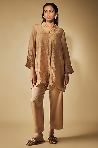 Beige Cotton Satin Patchwork Co-Ord Set by Phirny