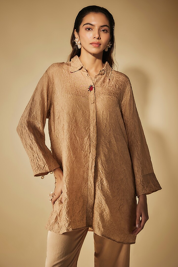 Beige Cotton Satin Patchwork Co-Ord Set by Phirny at Pernia's Pop Up Shop