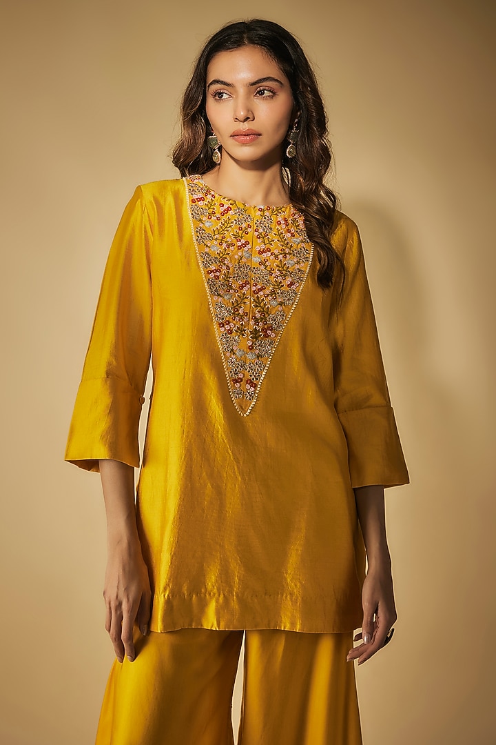 Mustard Modal Satin Chanderi Gota Patti Hand Embroidered Party Wear Sharara Set by Phirny at Pernia's Pop Up Shop