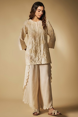 Ivory Premium Silk Chanderi Bandhej Patchwork Dhoti Set by Phirny