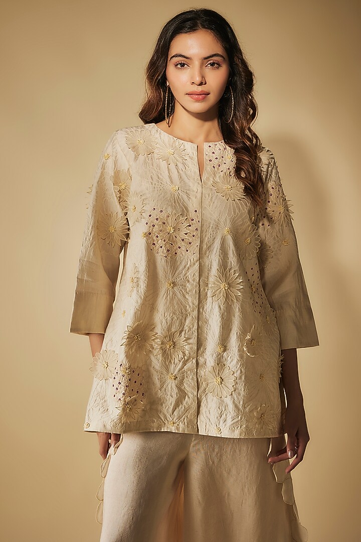 Ivory Premium Silk Chanderi Bandhej Patchwork Dhoti Set by Phirny at Pernia's Pop Up Shop