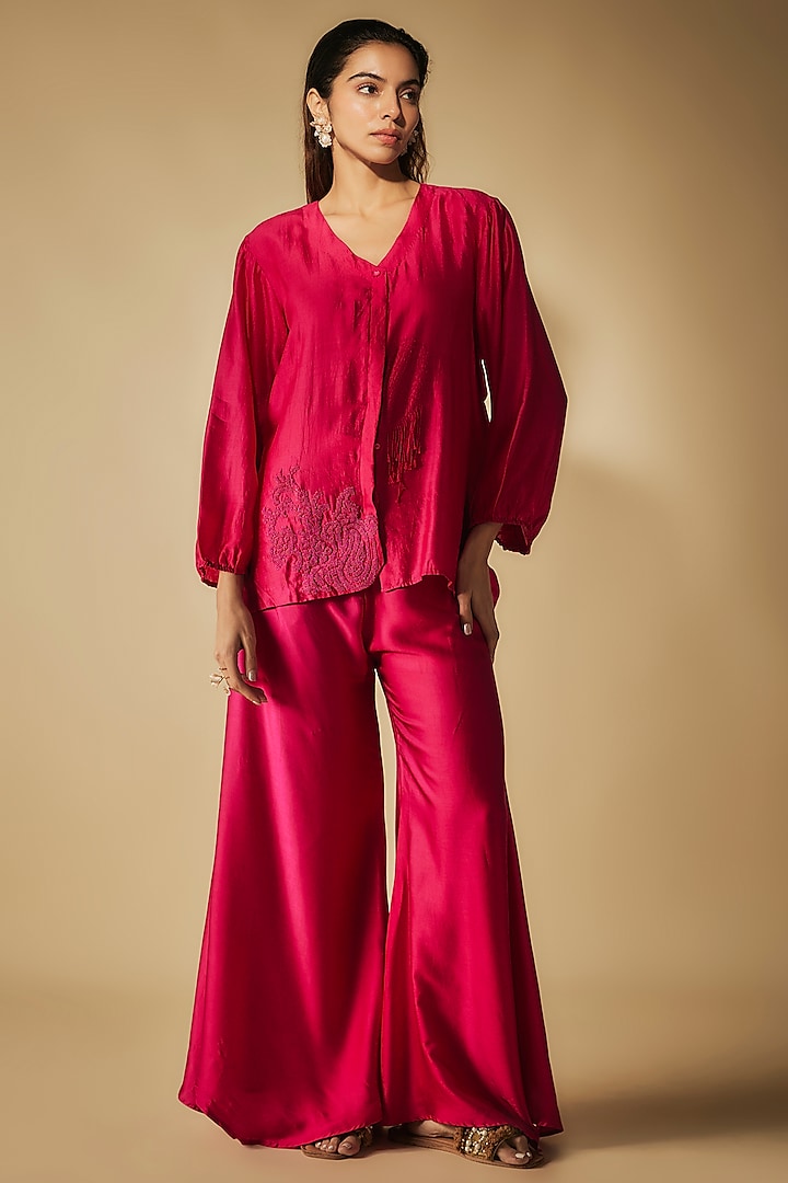 Fuschia Modal Satin Zardosi Embellished Sharara Set by Phirny at Pernia's Pop Up Shop