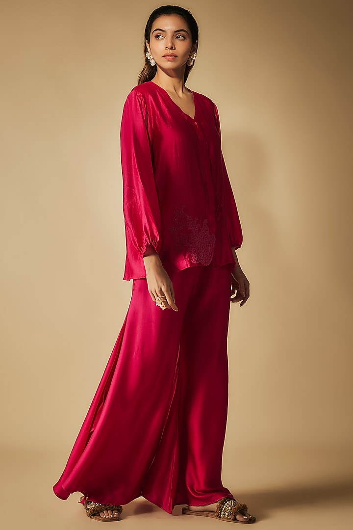 Fuschia Modal Satin Zardosi Embellished Party Wear Sharara Set by Phirny at Pernia's Pop Up Shop
