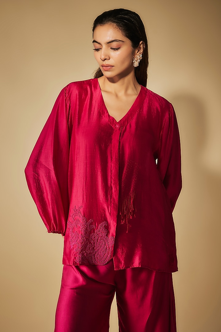 Fuschia Modal Satin Zardosi Embellished Party Wear Sharara Set by Phirny at Pernia's Pop Up Shop