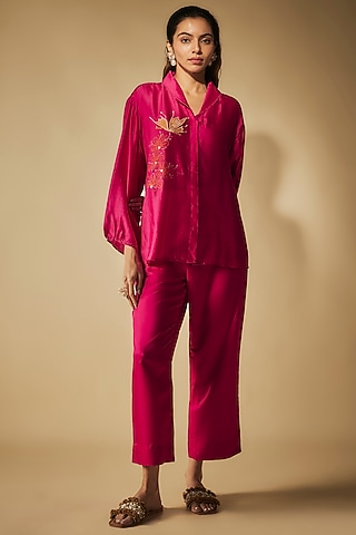 Pink Cotton Satin Applique Embroidered Co-Ord Set by Phirny
