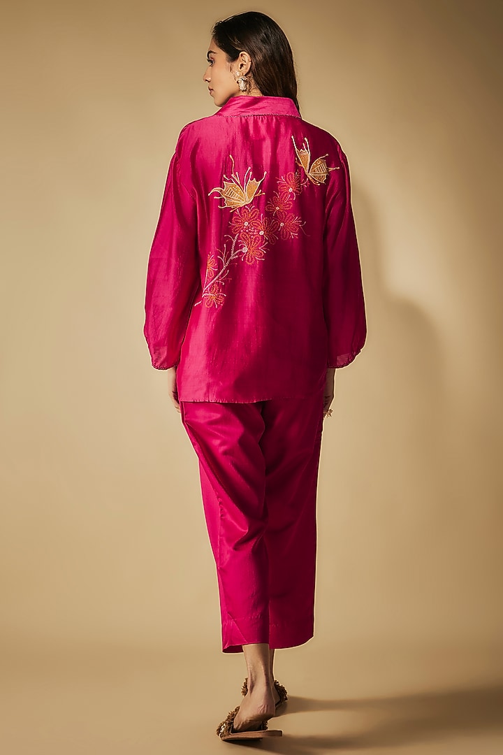 Pink Cotton Satin Applique Embroidered Co-Ord Set by Phirny at Pernia's Pop Up Shop