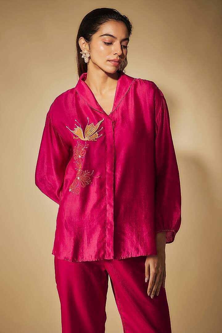 Pink Cotton Satin Applique Embroidered Co-Ord Set by Phirny at Pernia's Pop Up Shop