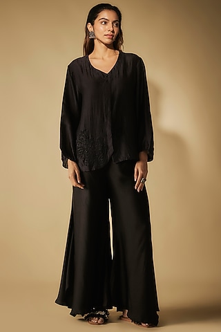 Black Modal Satin Zardosi Embellished Sharara Set by Phirny