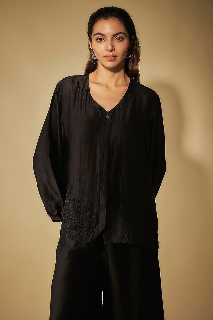 Black Modal Satin Zardosi Embellished Party Wear Sharara Set by Phirny at Pernia's Pop Up Shop