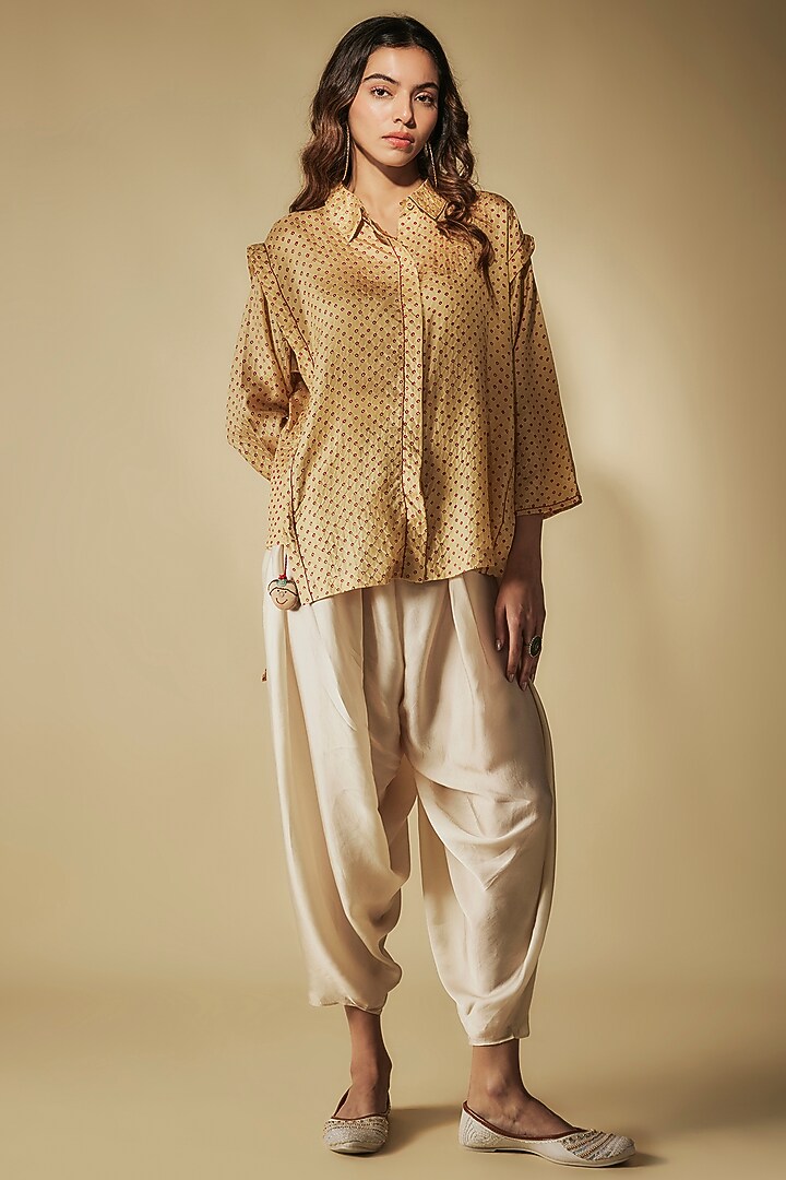 Ivory Bemberg Satin Hand Embroidered Dhoti Pant Set by Phirny at Pernia's Pop Up Shop