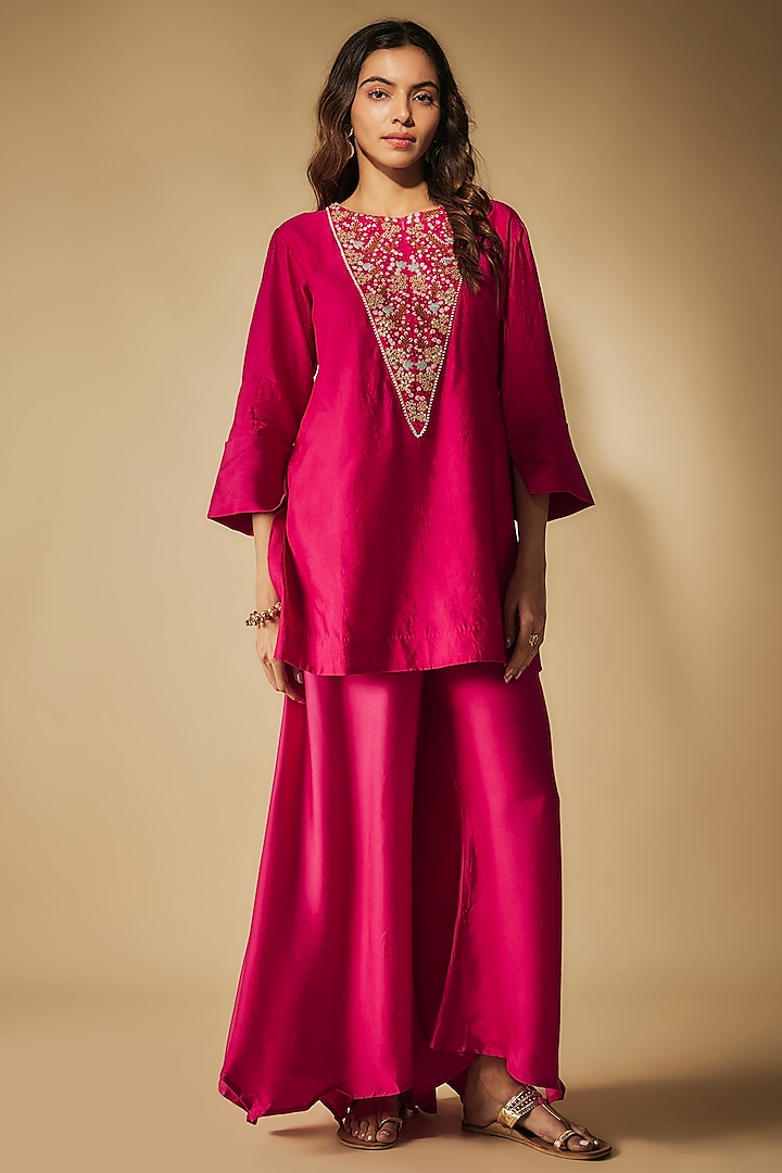 Pink Modal Satin Gota Patti Hand Embroidered Sharara Set by Phirny at Pernia's Pop Up Shop