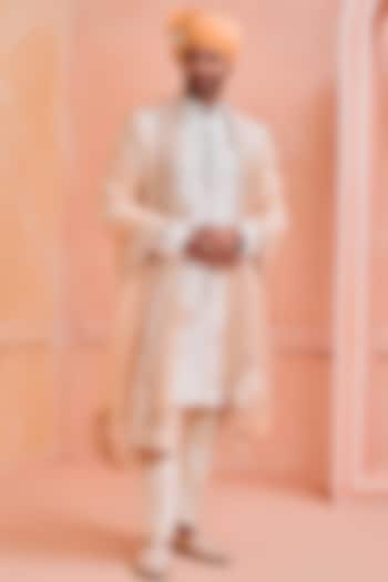 Ivory Silk Embroidered Groom Sherwani Set by Philocaly at Pernia's Pop Up Shop