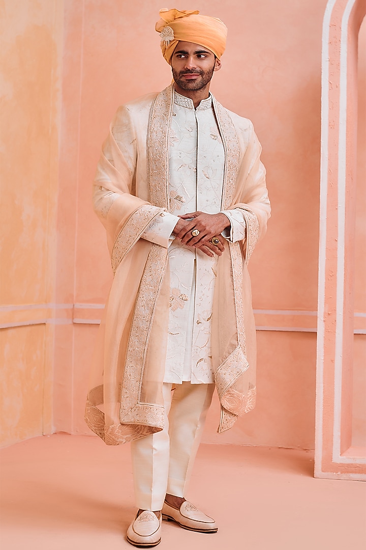 Ivory Silk Embroidered Groom Sherwani Set by Philocaly at Pernia's Pop Up Shop