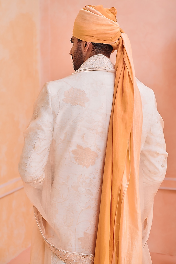 Ivory Silk Embroidered Groom Sherwani Set by Philocaly at Pernia's Pop Up Shop