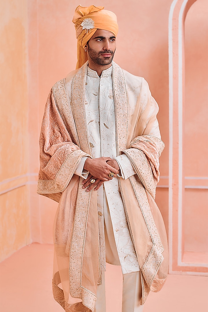 Ivory Silk Embroidered Groom Sherwani Set by Philocaly at Pernia's Pop Up Shop