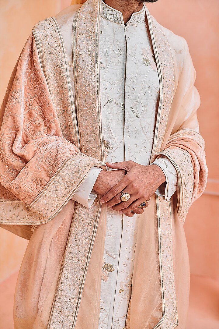 Ivory Silk Embroidered Groom Sherwani Set by Philocaly at Pernia's Pop Up Shop