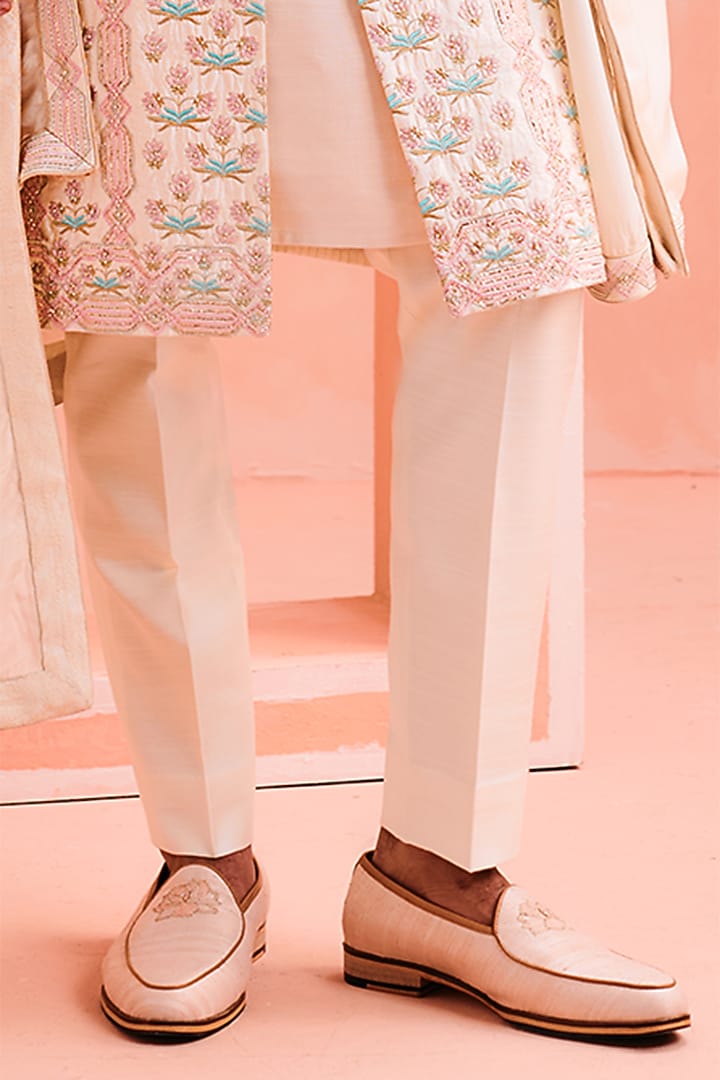 Ivory Silk Embroidered Groom Sherwani Set by Philocaly at Pernia's Pop Up Shop