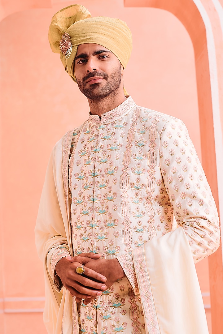 Ivory Silk Embroidered Groom Sherwani Set by Philocaly at Pernia's Pop Up Shop